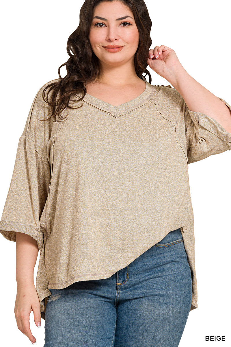Plus Size Soft Melange Exposed Seam V-Neck 3/4 Sleeve Hi Low Top