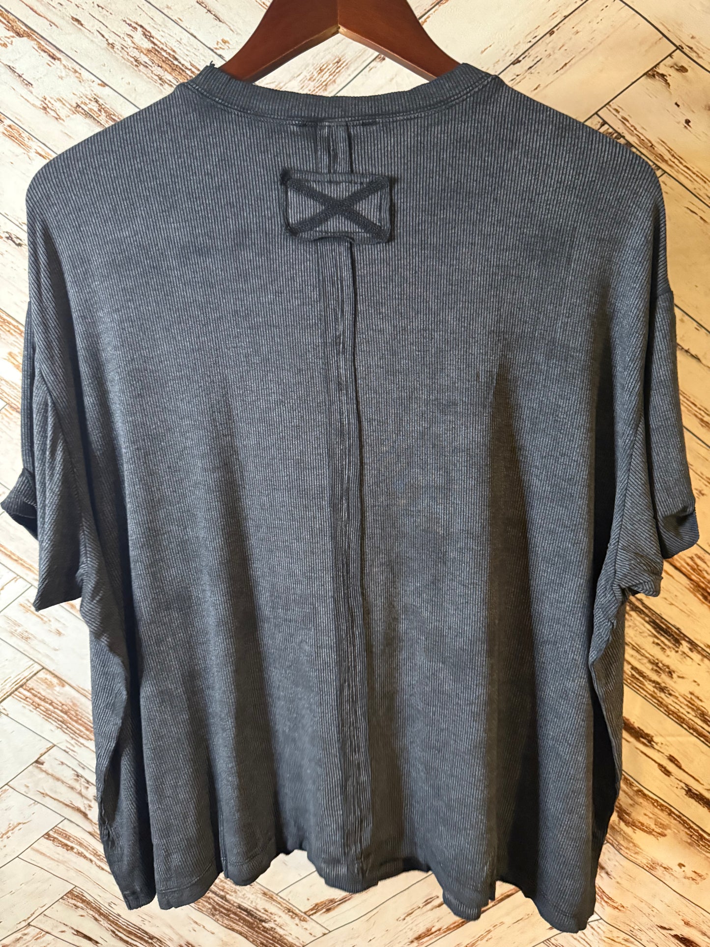 Acid Washed Ribbed Cuffed Short Sleeve Round Neck Top