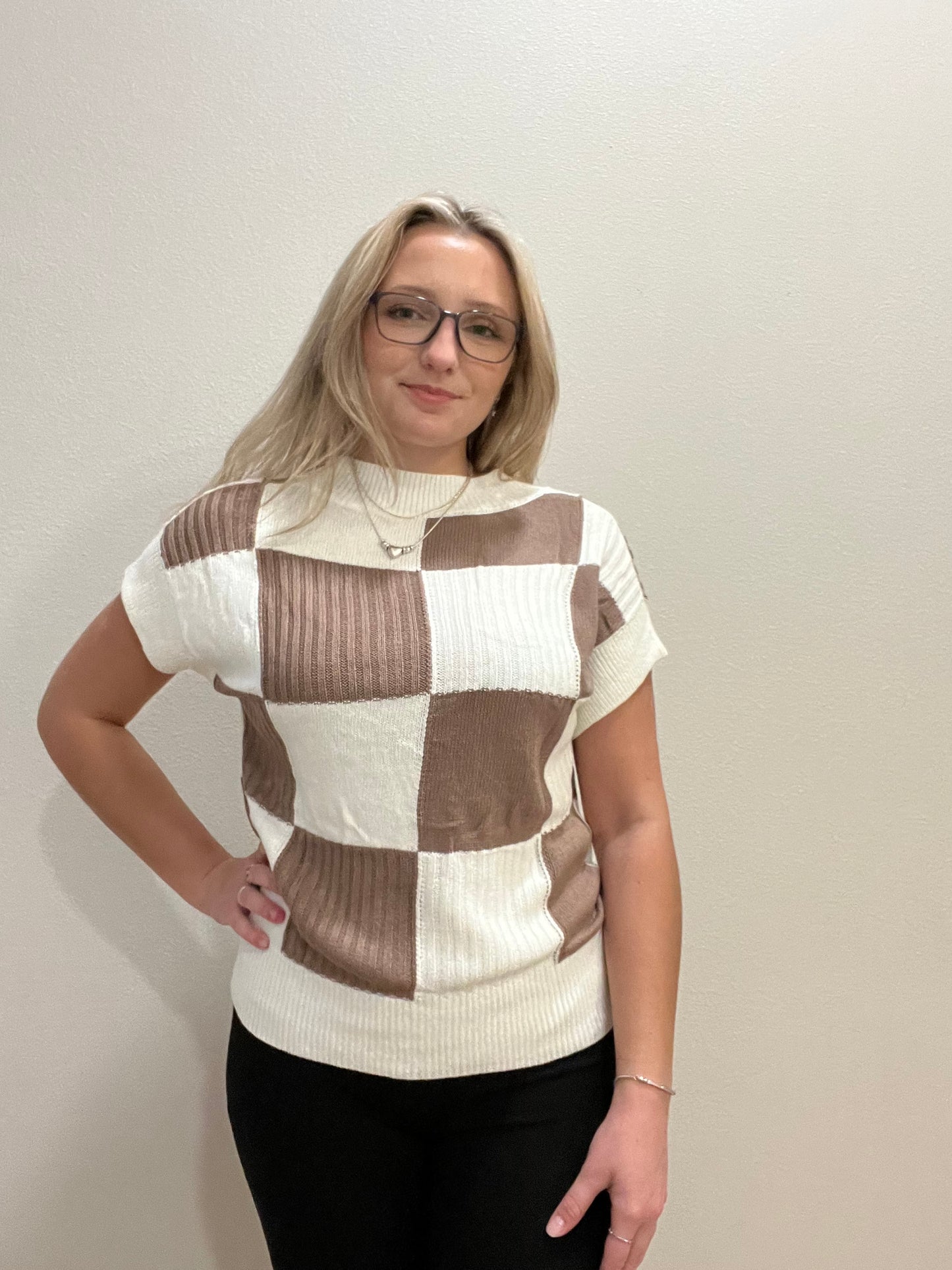 Checkered Color Block Crew Neck Short Sleeve Sweater