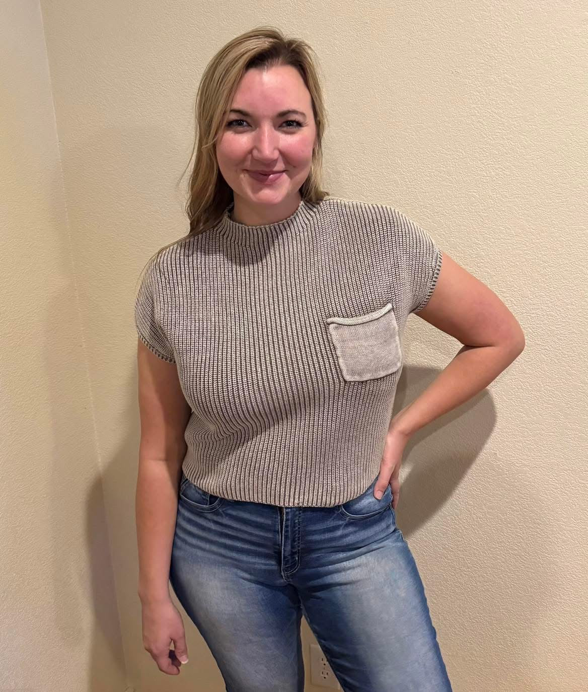 Acid Washed Mock Neck Short Sleeve Cropped Sweater