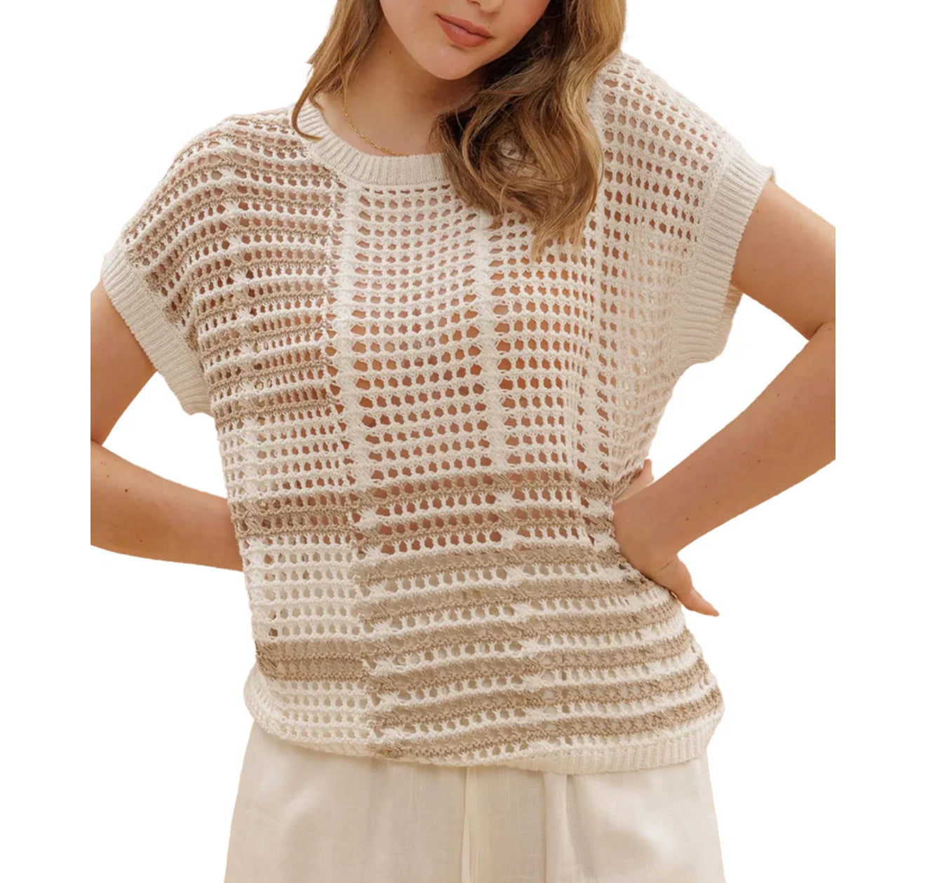 Blue Pepper Multi Stipe Sheer Crochet Knit Top