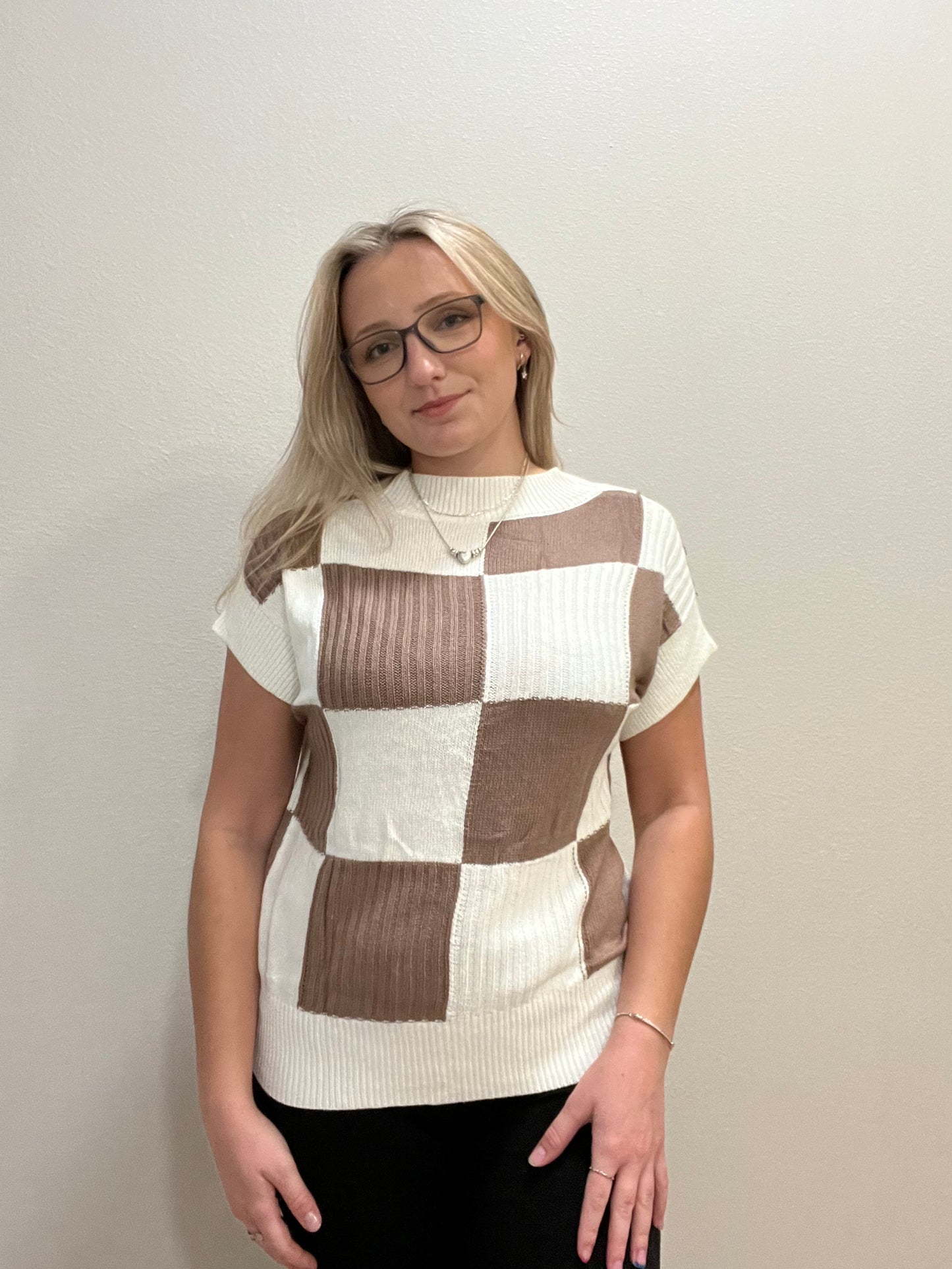Checkered Color Block Crew Neck Short Sleeve Sweater