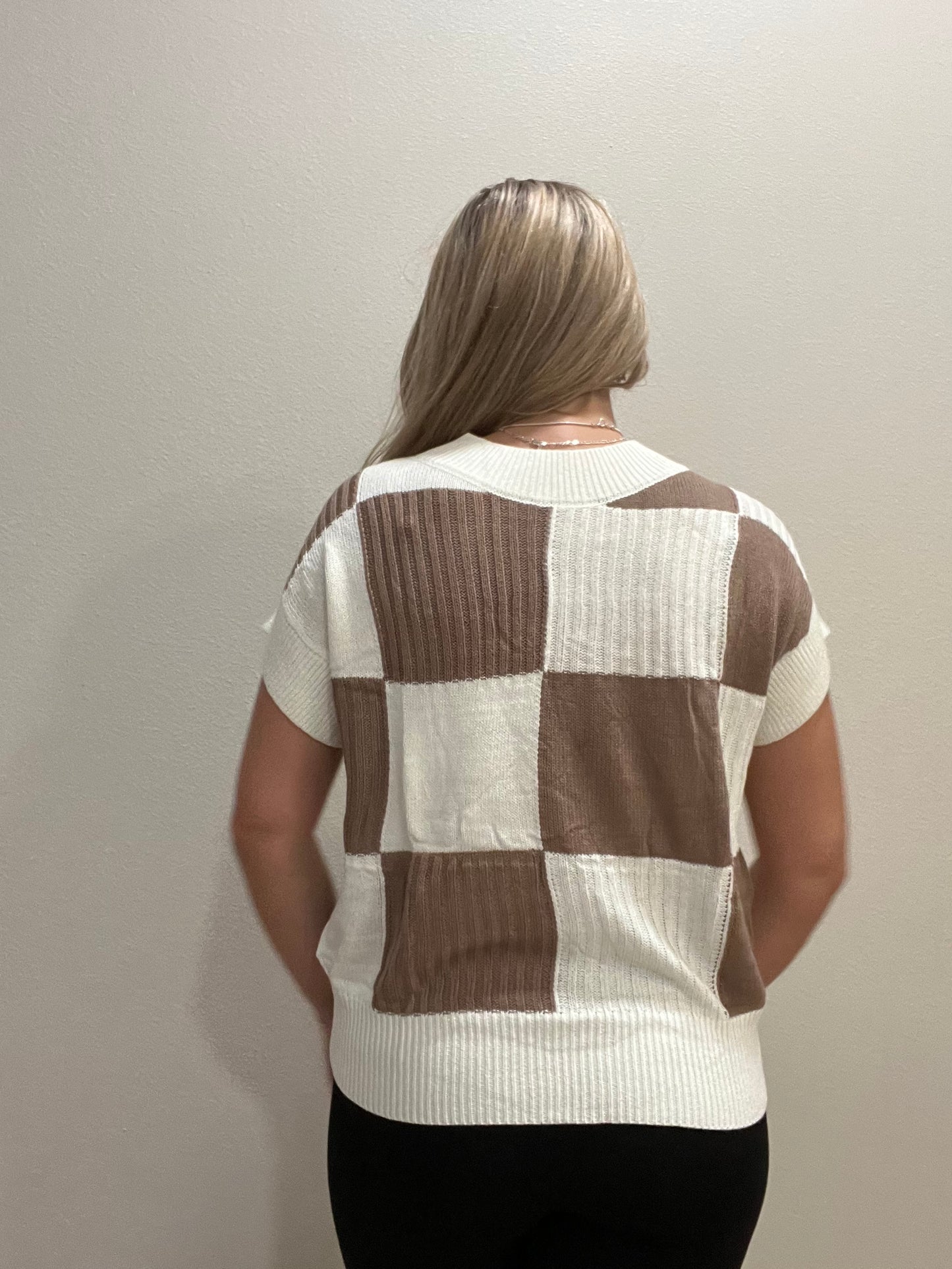 Checkered Color Block Crew Neck Short Sleeve Sweater