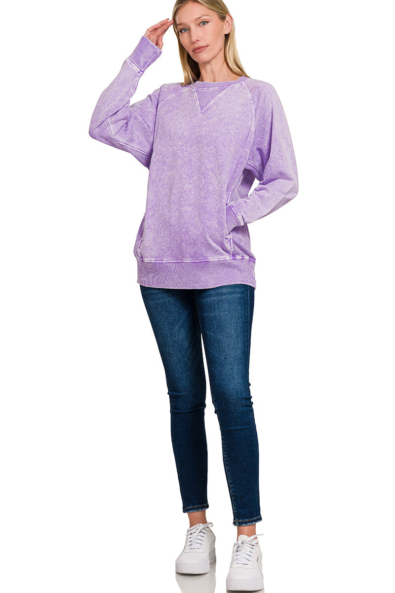 Halo Washed French Terry Round Neck Pullover with Pockets in Lavendar
