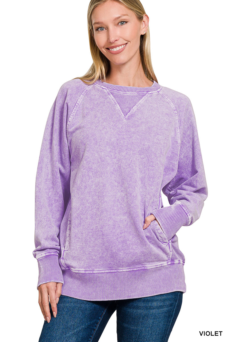 Halo Washed French Terry Round Neck Pullover with Pockets in Lavendar