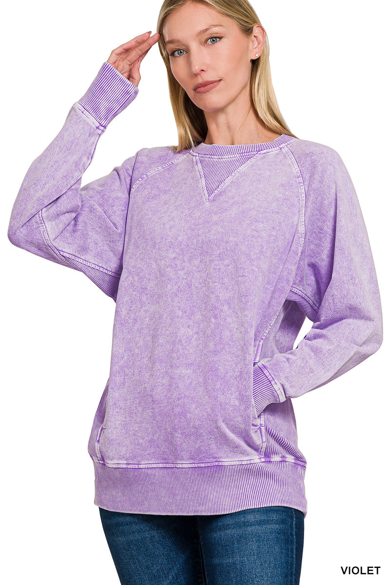 Halo Washed French Terry Round Neck Pullover with Pockets in Lavendar