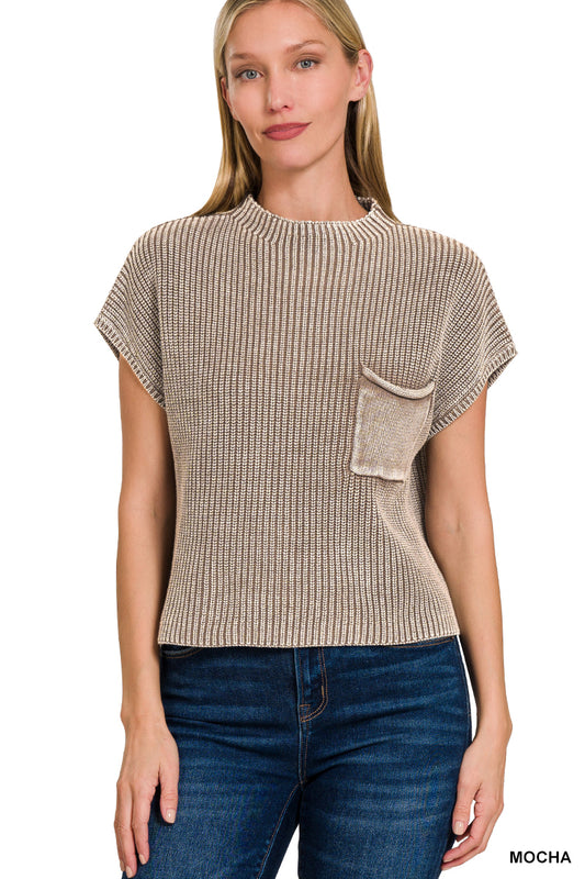 Acid Washed Mock Neck Short Sleeve Cropped Sweater