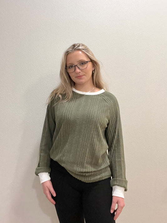 Ldc Ribbed Contrast Cuffed Round Neck Long Sleeve T Shirt