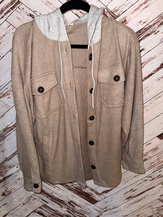 Brushed Ribbed Hooded Button Up Shacket