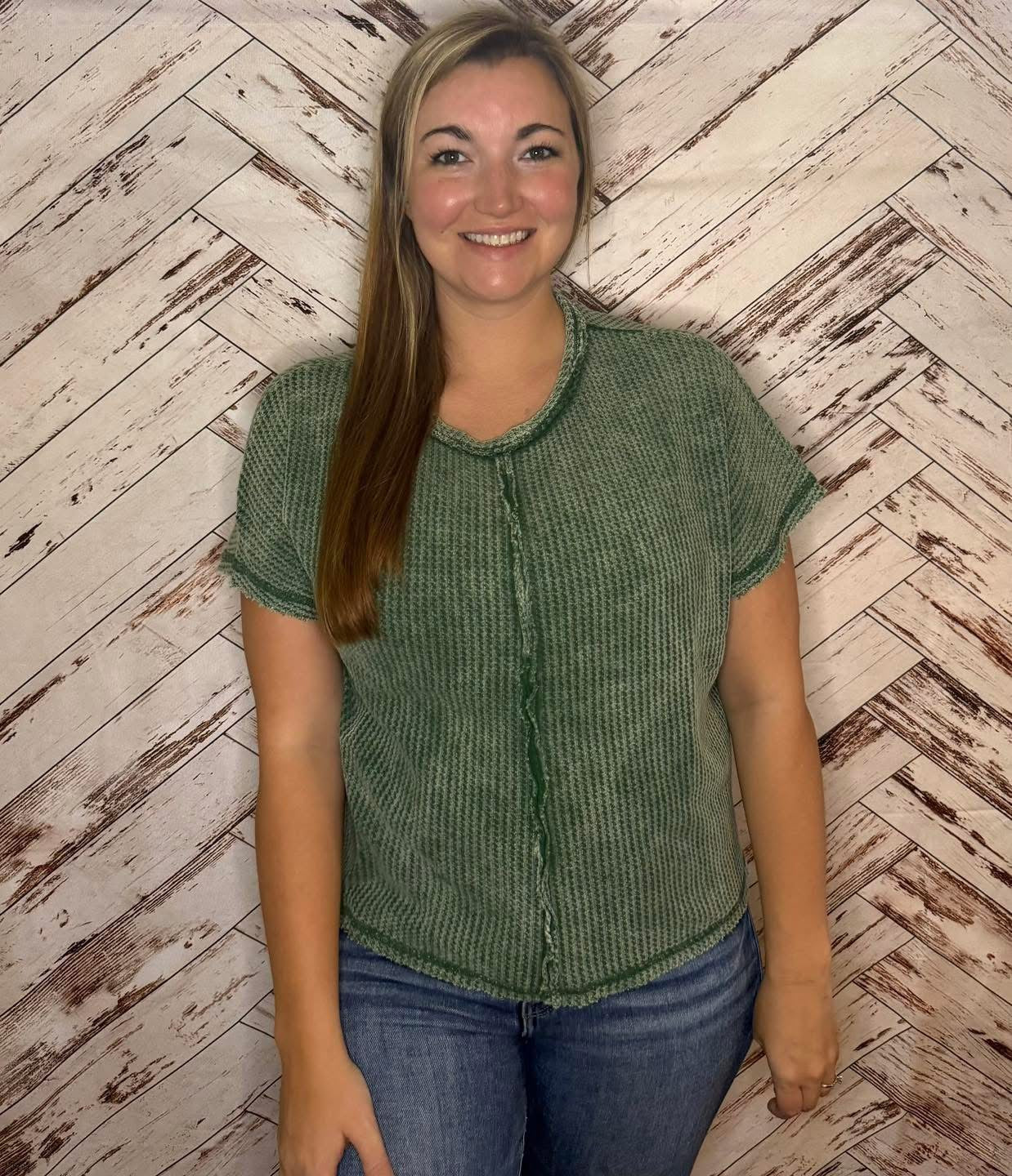 Acid Washed Baby Waffle Short Sleeve Top