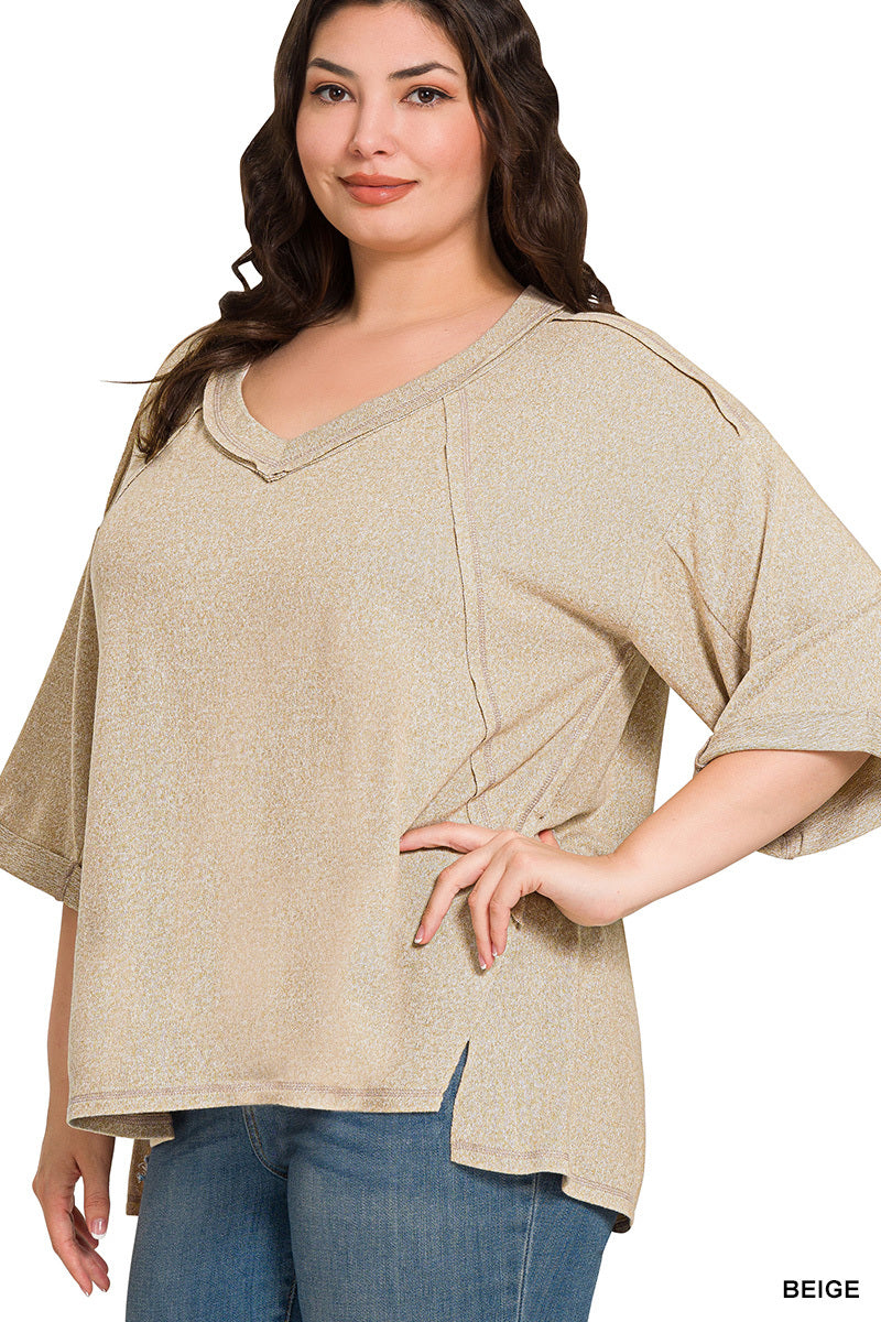 Plus Size Soft Melange Exposed Seam V-Neck 3/4 Sleeve Hi Low Top