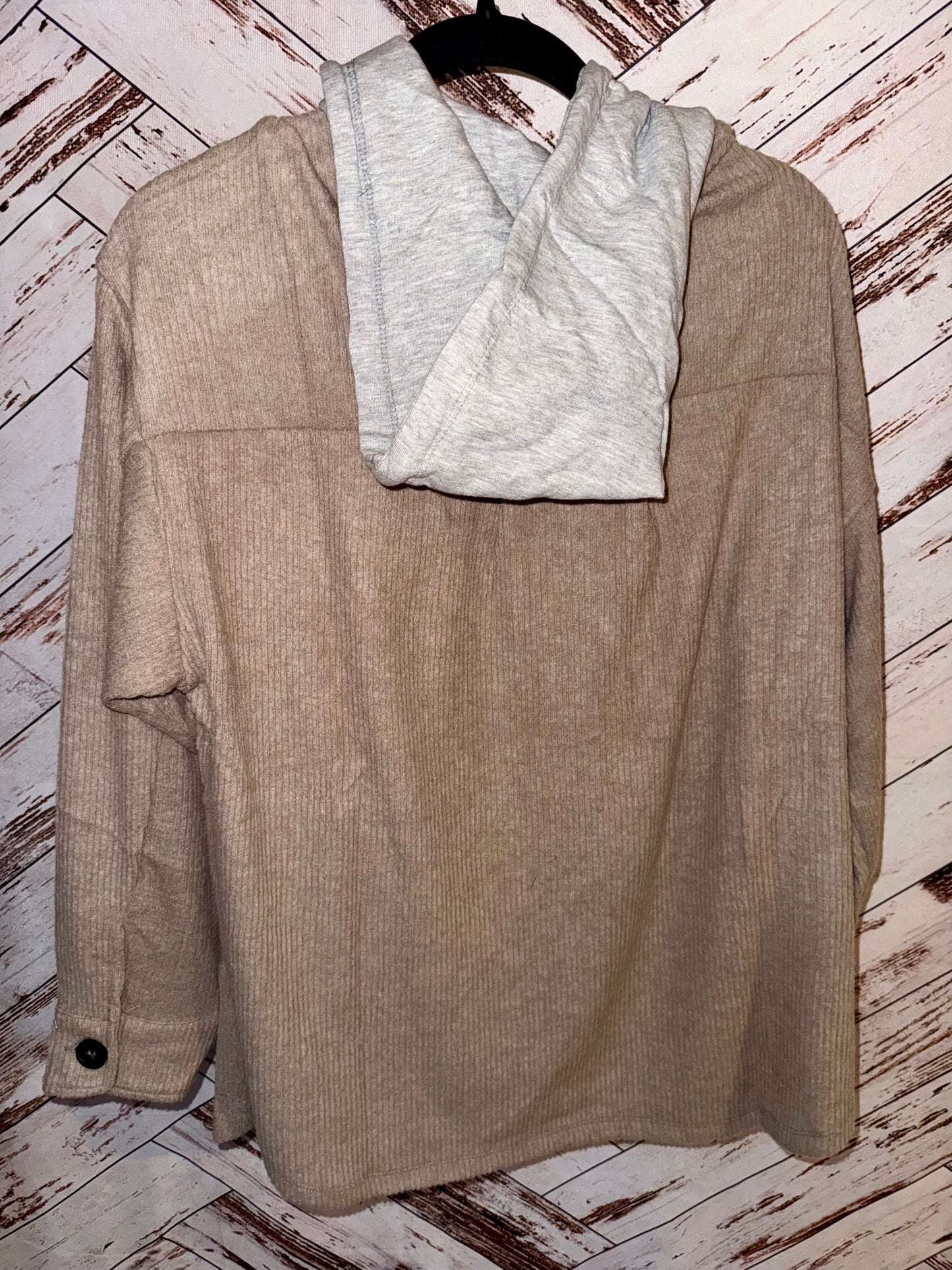 Brushed Ribbed Hooded Button Up Shacket