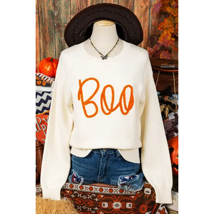 Boo Knitted Fall Clothing Pattern Ribbed Edge Sweater