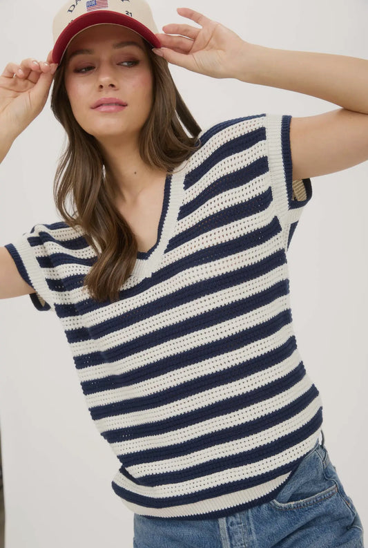 Blu Pepper Stripe V-Neck Knit Crochet Short Sleeve Sweater in Navy