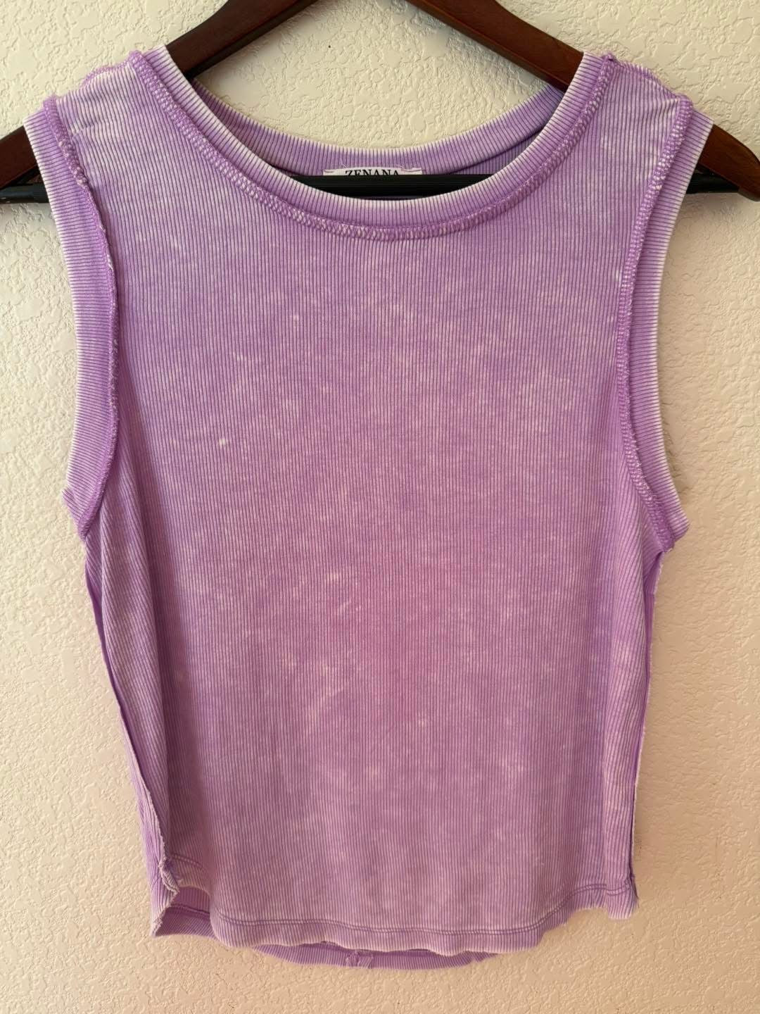 Acid Washed Ribbed Sleeveless Tank Top with Exposed Seam