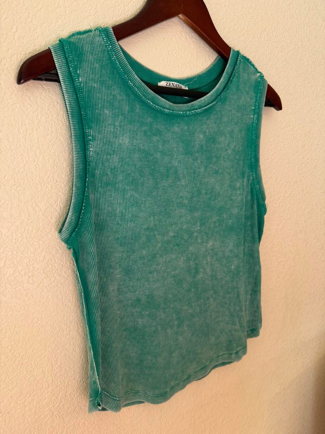 Acid Washed Ribbed Sleeveless Tank Top with Exposed Seam