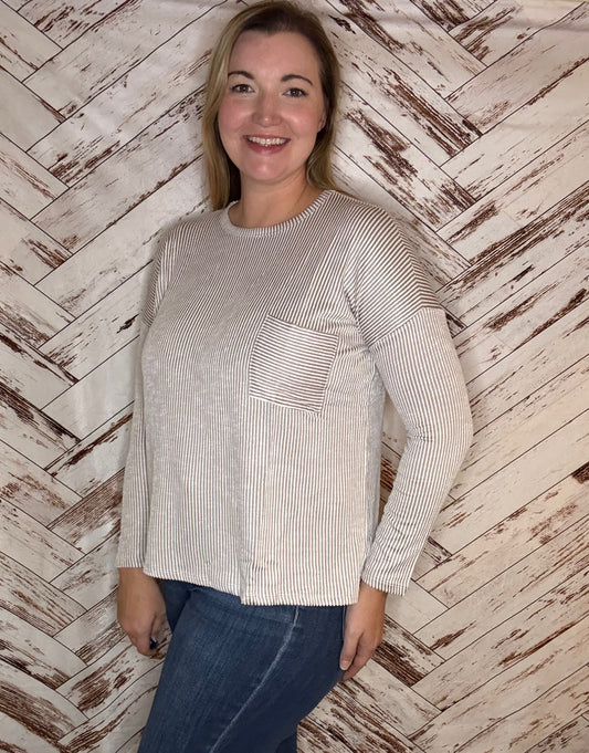 Ribbed Striped Oversized Long Sleeve Top in Mocha