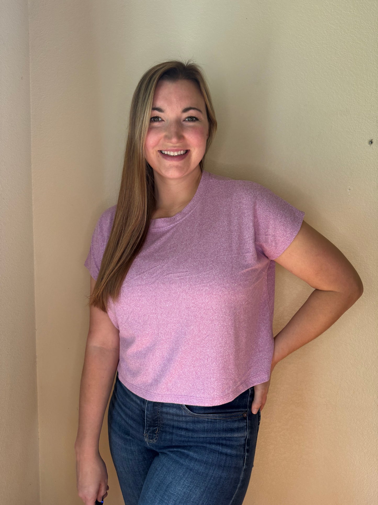 Soft Melange Short Sleeve Round Neck Cropped Top