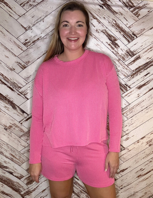 Raised Ribbed Long Sleeve Shit & Shorts Set in Pink