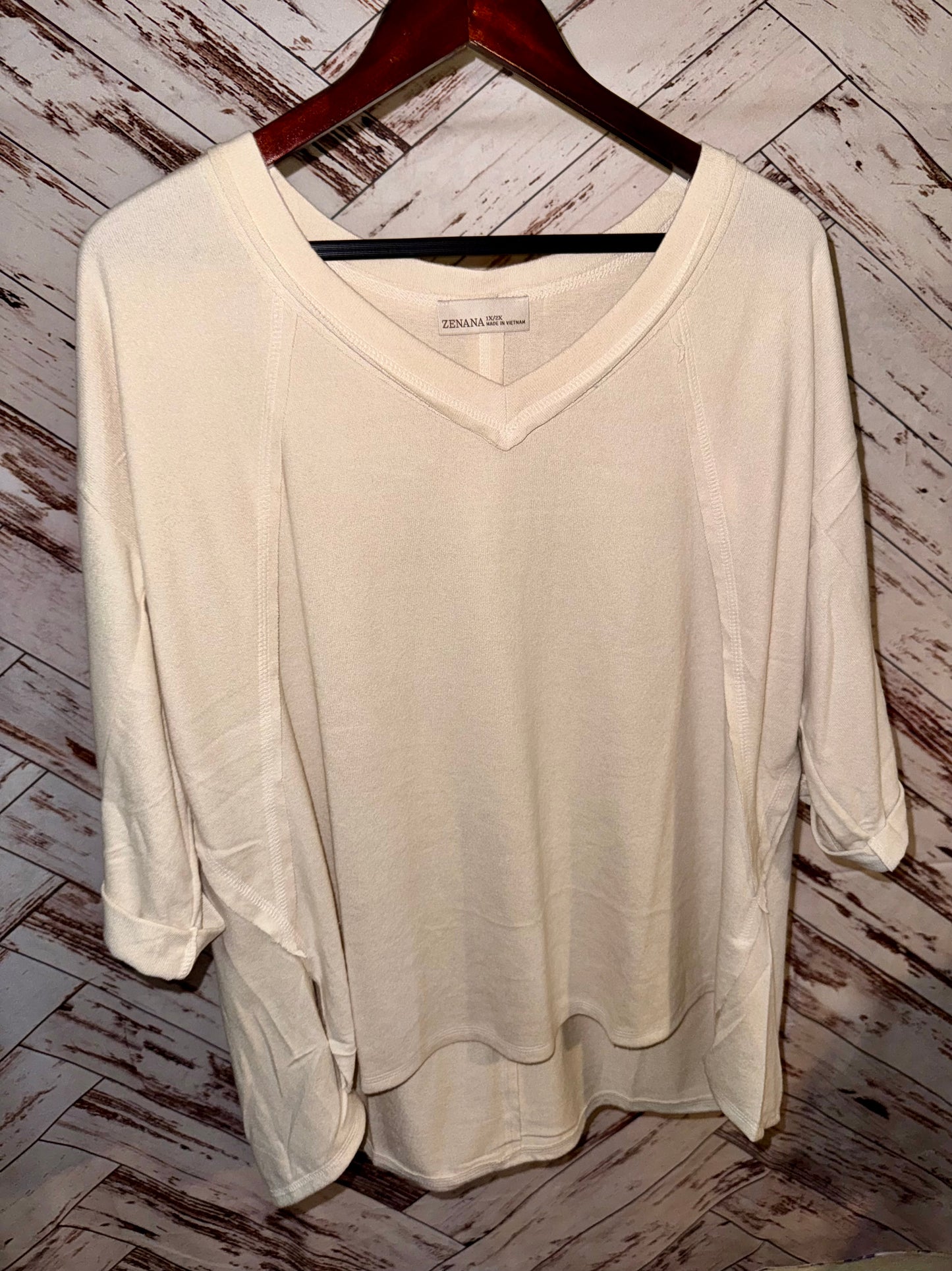 Plus Size Soft Melange Exposed Seam V-Neck 3/4 Sleeve Hi Low Top