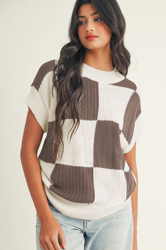 Checkered Color Block Crew Neck Short Sleeve Sweater