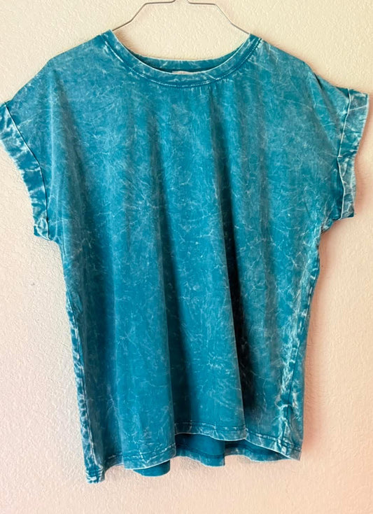 Crinkle Washed Round Neck Folded Short Sleeve Tee