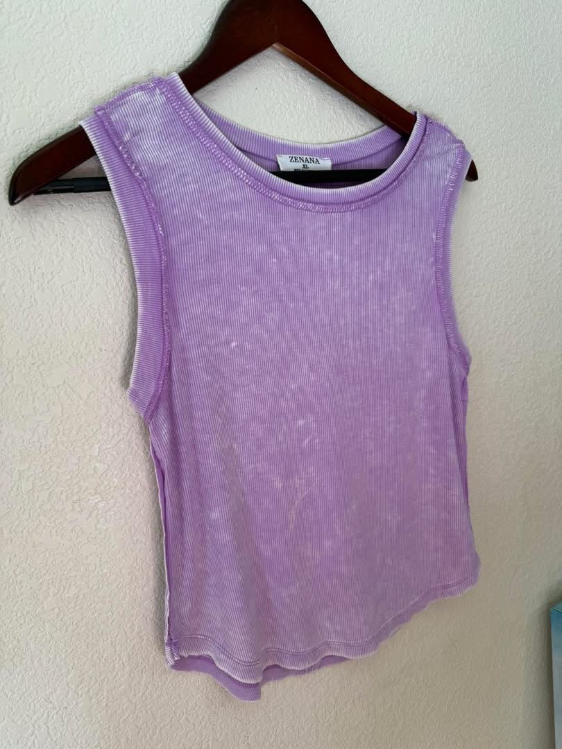Acid Washed Ribbed Sleeveless Tank Top with Exposed Seam