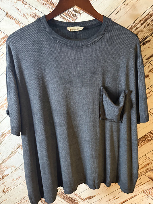 Acid Washed Ribbed Cuffed Short Sleeve Round Neck Top