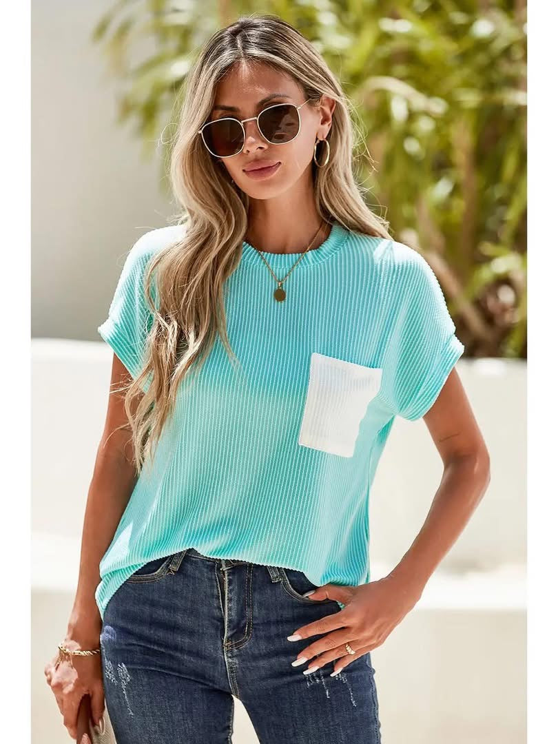 Blue Corded Tee W/ White Pocket