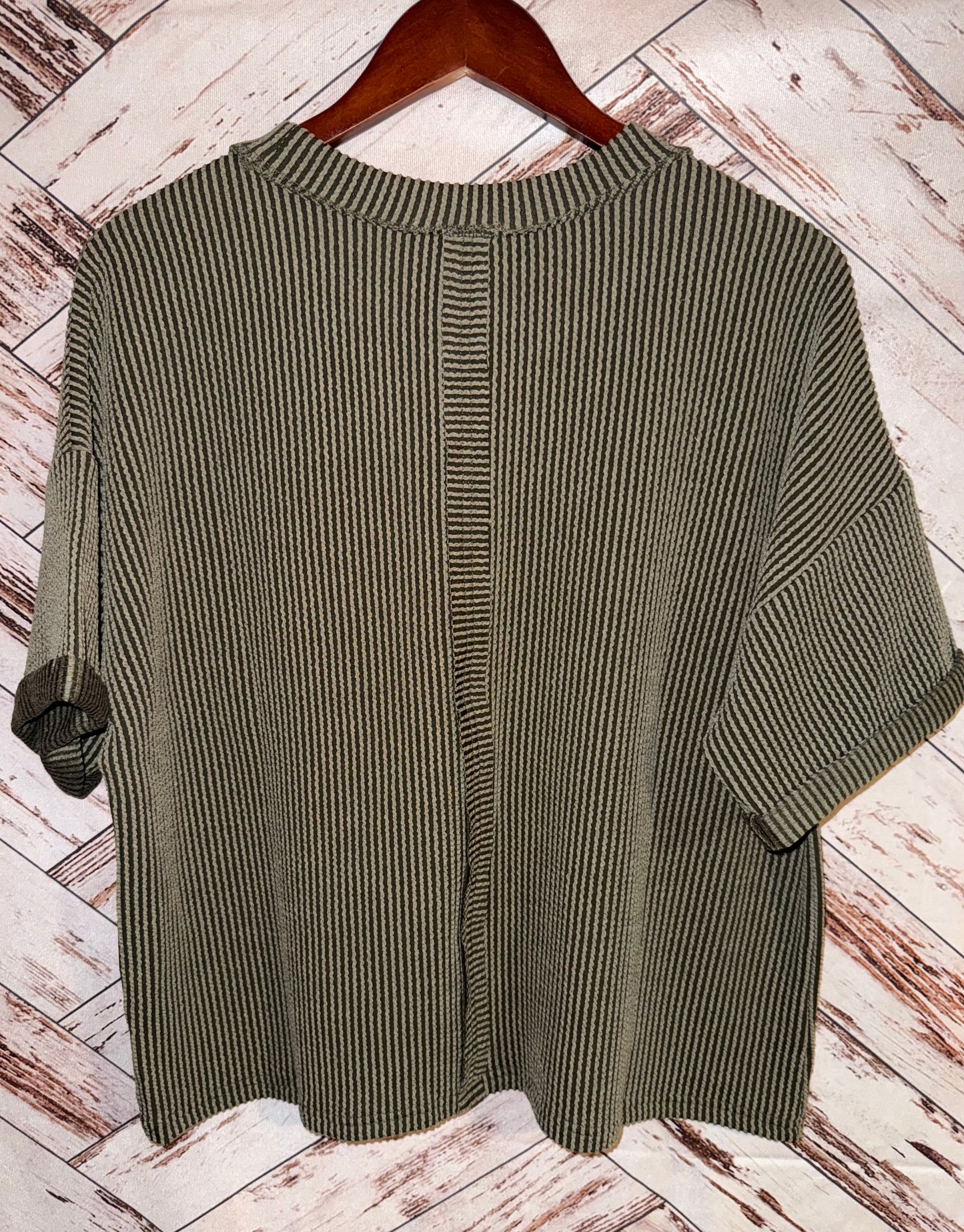 Corded Rib Short Sleeve Front Pocket Top