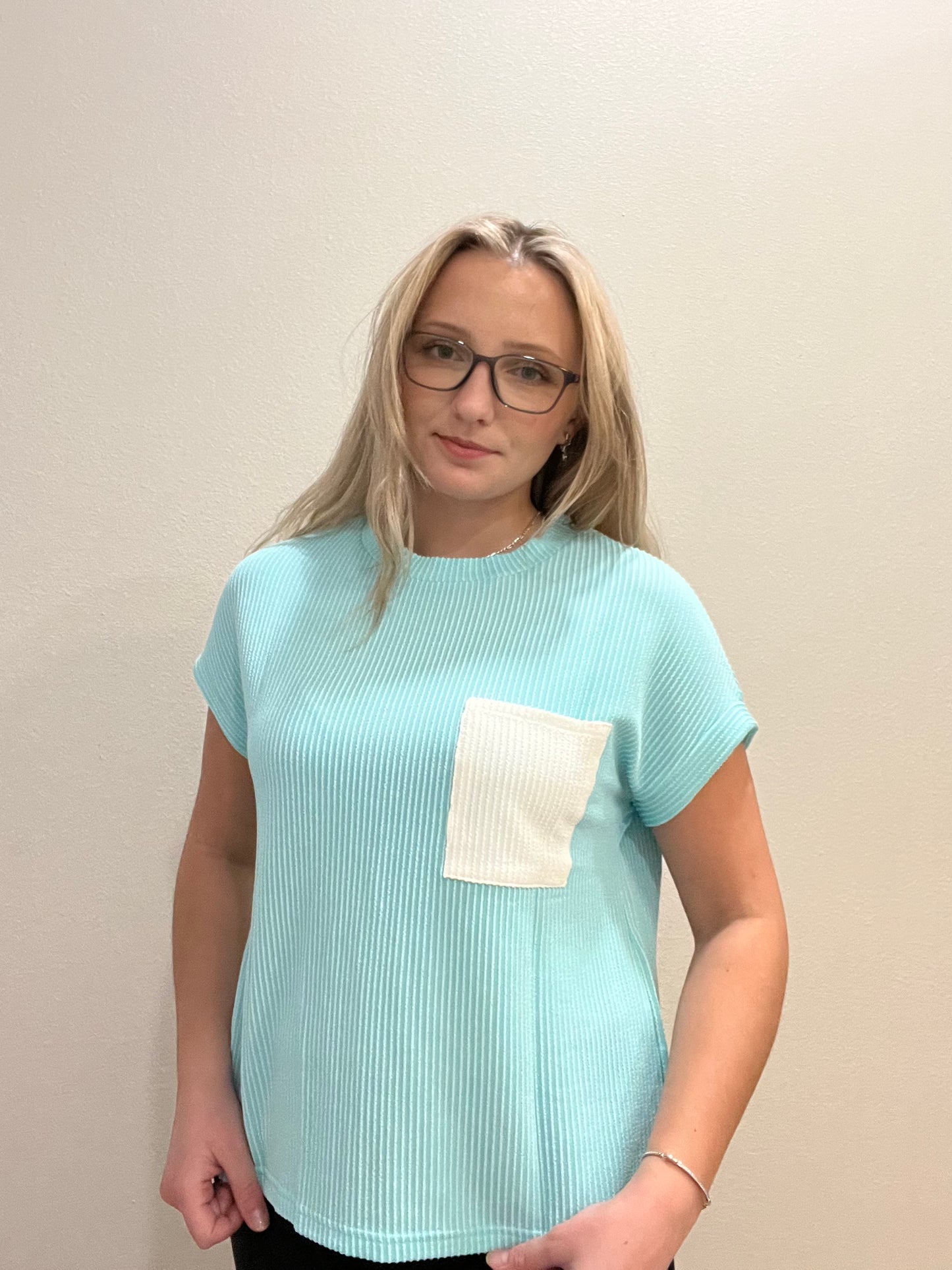 Blue Corded Tee W/ White Pocket