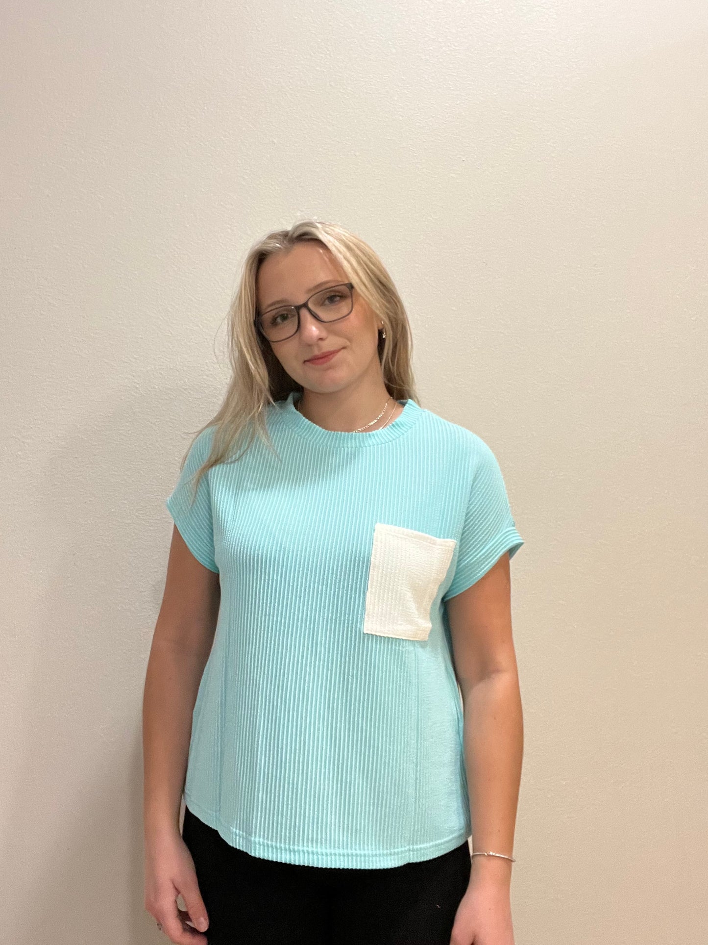 Blue Corded Tee W/ White Pocket