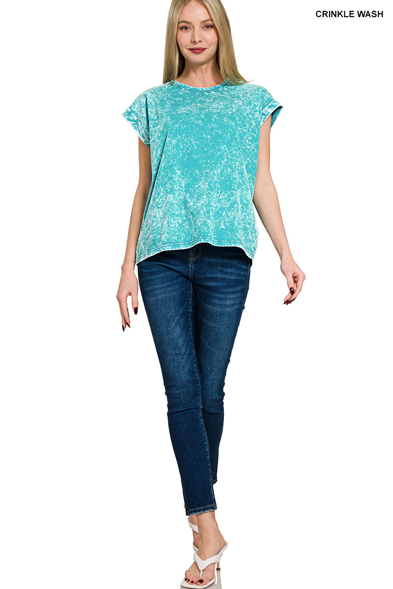 Crinkle Washed Round Neck Folded Short Sleeve Tee