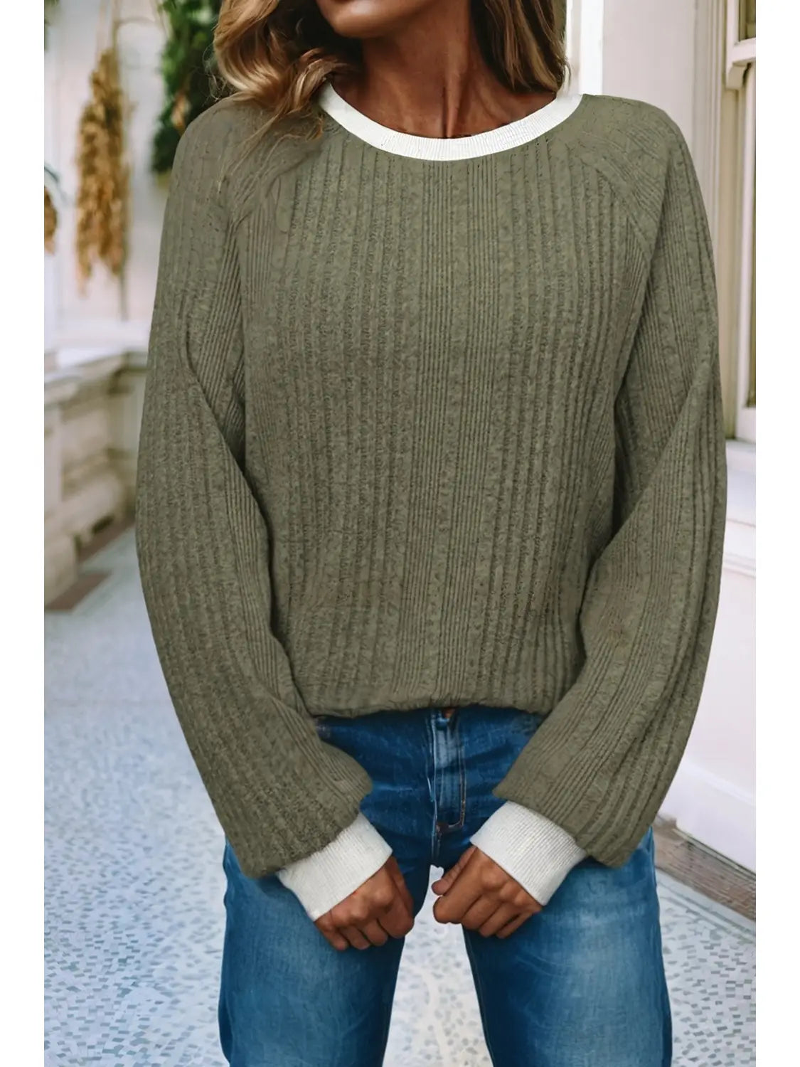 Ldc Ribbed Contrast Cuffed Round Neck Long Sleeve T Shirt