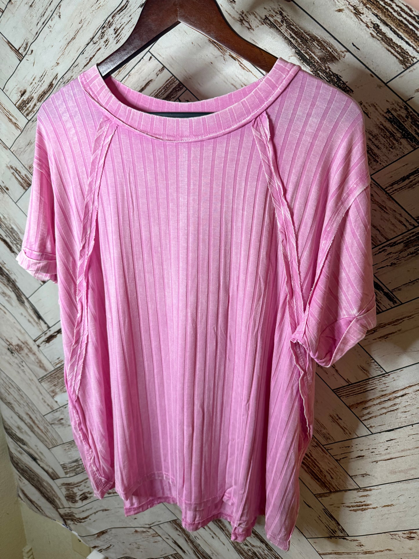 Acid Washed Ribbed Short Sleeve Boat-Neck Top