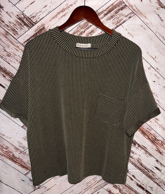 Corded Rib Short Sleeve Front Pocket Top