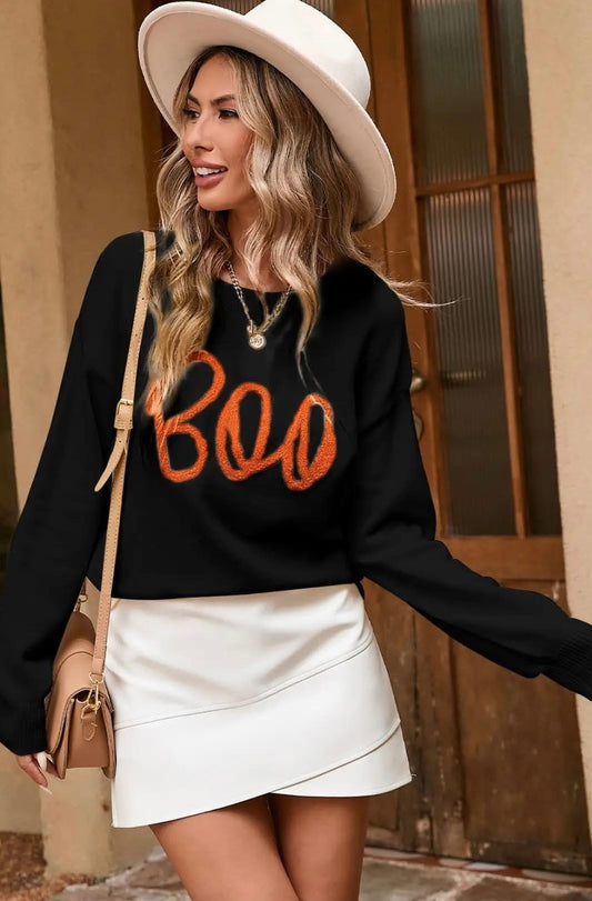 Boo Knitted Fall Clothing Pattern Ribbed Edge Sweater in Black