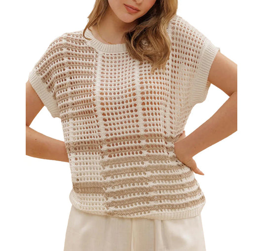 Blue Pepper Multi Stipe Sheer Crochet Knit Top