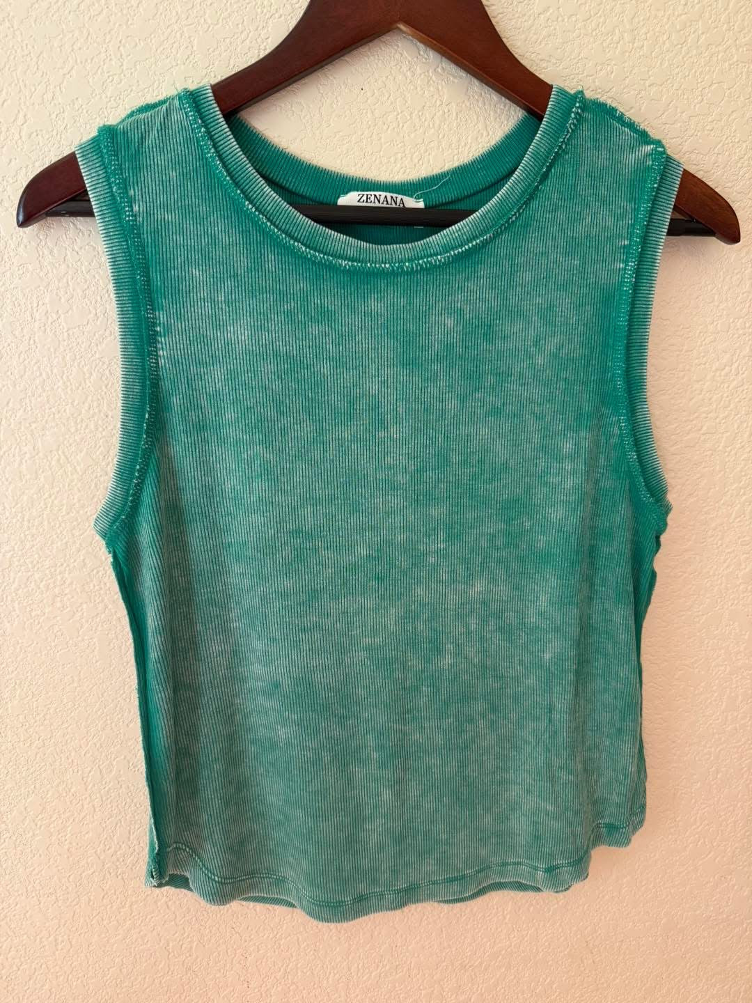Acid Washed Ribbed Sleeveless Tank Top with Exposed Seam