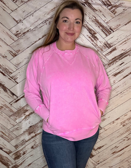 Halo Washed French Terry Round Neck Pullover with Pockets in Pink