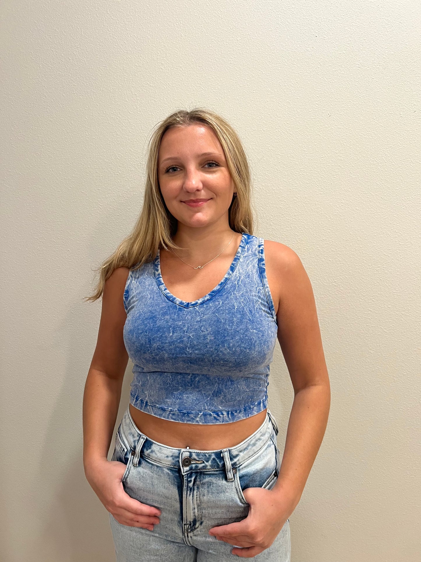 Acid Washed Cotton V-Neck Sleeveless Top