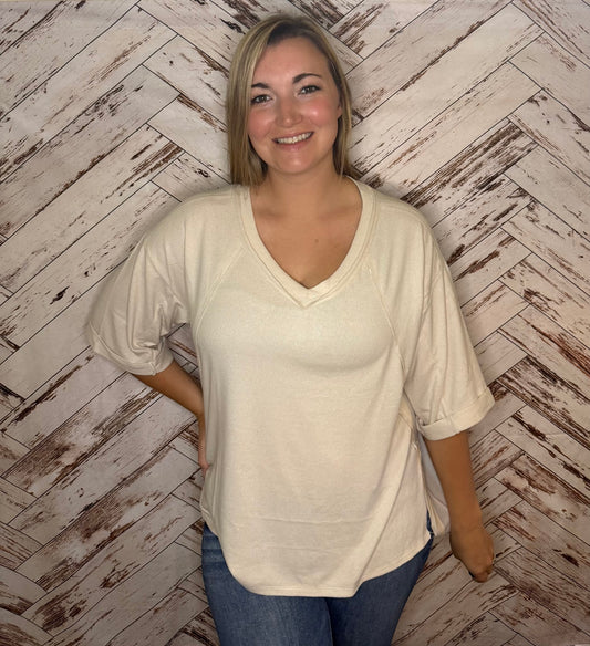 Plus Size Soft Melange Exposed Seam V-Neck 3/4 Sleeve Hi Low Top