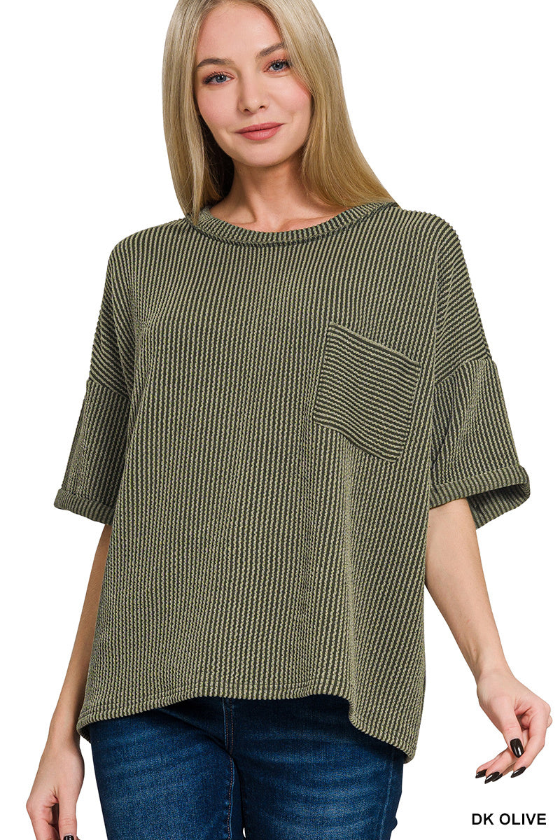 Corded Rib Short Sleeve Front Pocket Top
