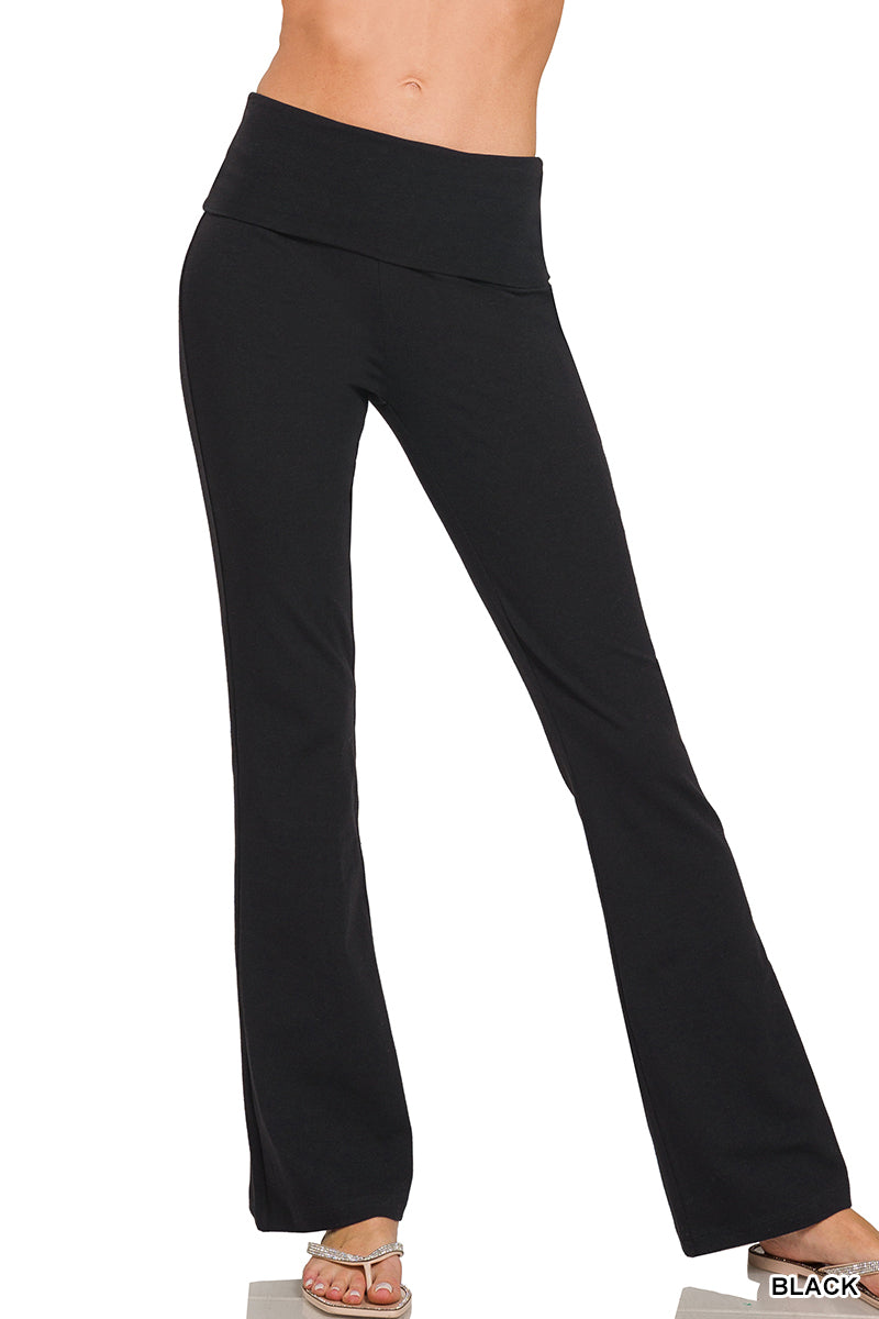 Premium Cotton Fold Over Flare Leg Yoga Pants
